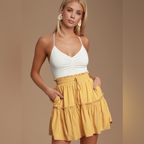 Lulus Dresses & Skirts - Lulus Call You Mine Mustard Yellow Polka Dot Ruffled Mini Skirt